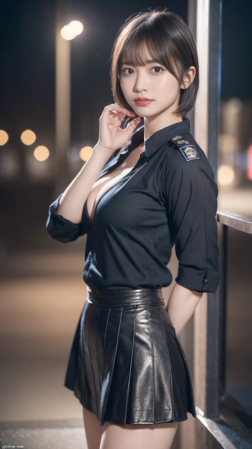 An innocent 20-year-old girl、((Police Girl, Sexy police uniform, skirt, Cute and elegant, Dramatic Pose)),smile,Night city background,short hair、Bobcut、RAW Photos, (8K、Highest quality、masterpiece:1.2)、(Intricate details:1.4)、(Photorealistic:1.4)、Octane Rendering、Complex 3D rendering with ultra-detail, Studio Soft Light, Rim Light, Vivid details, Super Detail, Realistic skin texture, Detailed aspect, Beautiful details in the eyes, Highly detailed CG Unity 16k wallpaper, compensate, (Detailed Background:1.2), Glowing Skin, whole body,Put your hands down、Take off your clothes、Cleavage、squat