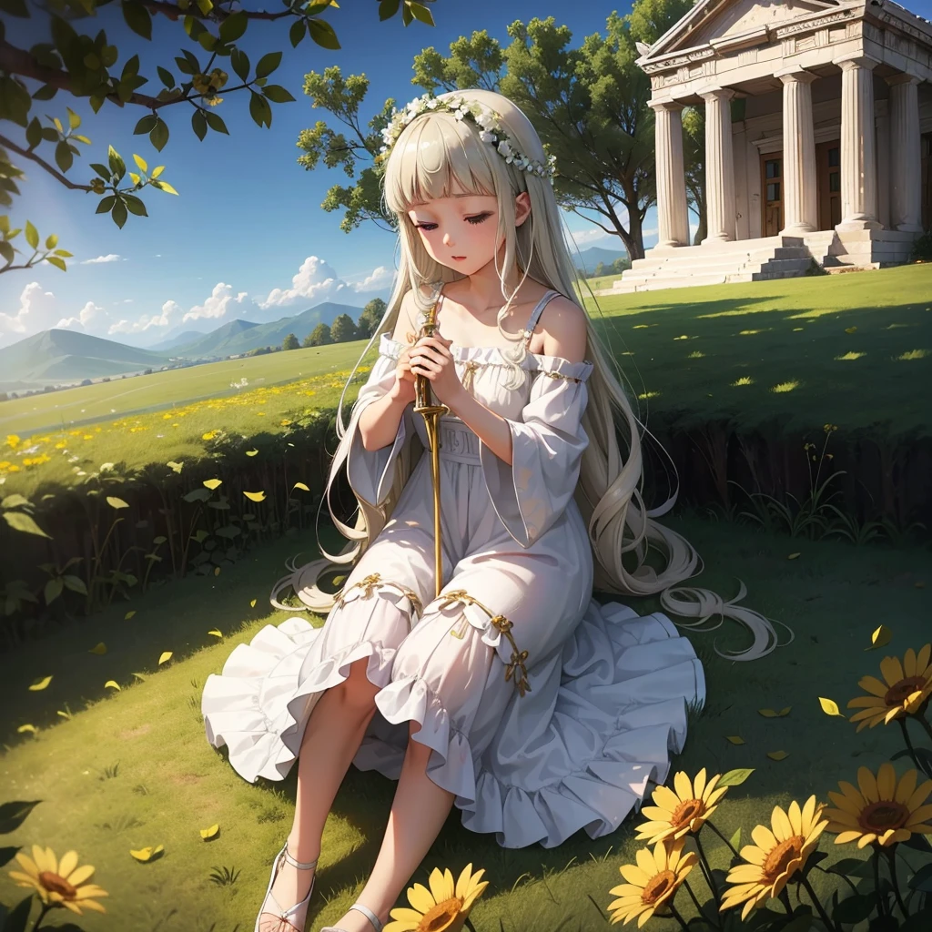 最high quality、high quality、Young Greek God々、Sanctuary Grasslands、Long dress、Full of light、Mysterious、Little angels are playing instruments all around、Greek temple in the distance
