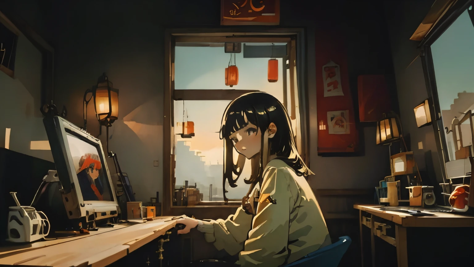 high resolution,High definition,high quality,Girl playing games,gaming computer,Erogeo Art Style, Arte Roffie, zero vibrations, Hip Hop Lofi,aesthetic, Lo-fi art, Lo-fi illustration style, zero, Portrait of Roffey, vibe zero, zero, Chill Hop, Anime Aesthetics,japanese style,large window,girl wearing headphones,sunset,painted with a rough hand-drawn aesthetic,ukiyoe style,fantasy,Edo Period,splash of color,movie perspective,advertising style,magazine cover,
