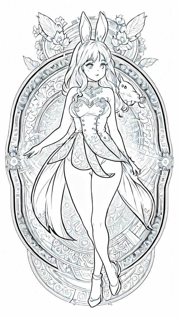 (Bunny girl:1.5), 8k, black and white drawing of circular design, intricate thin lines, centering radial design, coloring pages, simplified zentangle, coloring book outline, black and white only, no outline, intricate designs, coloring book, celtic design, intricate lines, no gradients