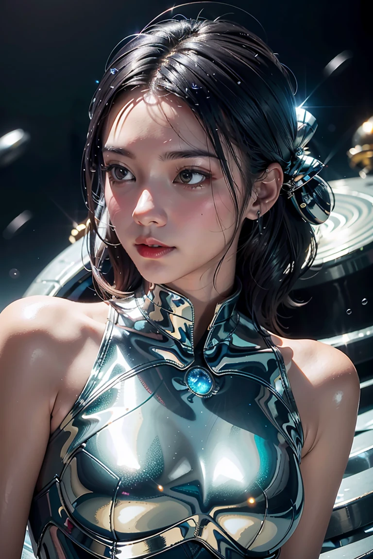 Movie scene, close-up shot of Woman dressed as Aquaman from DC, distorted space, distorted undead in the background, lens flares, light shafts, intricate details, highly detailed, volumetric lighting, 4k rendering, stock photo, hyper-realistic, realistic textures, dramatic lighting, Unreal Engine (Mai Davika Hoorne)