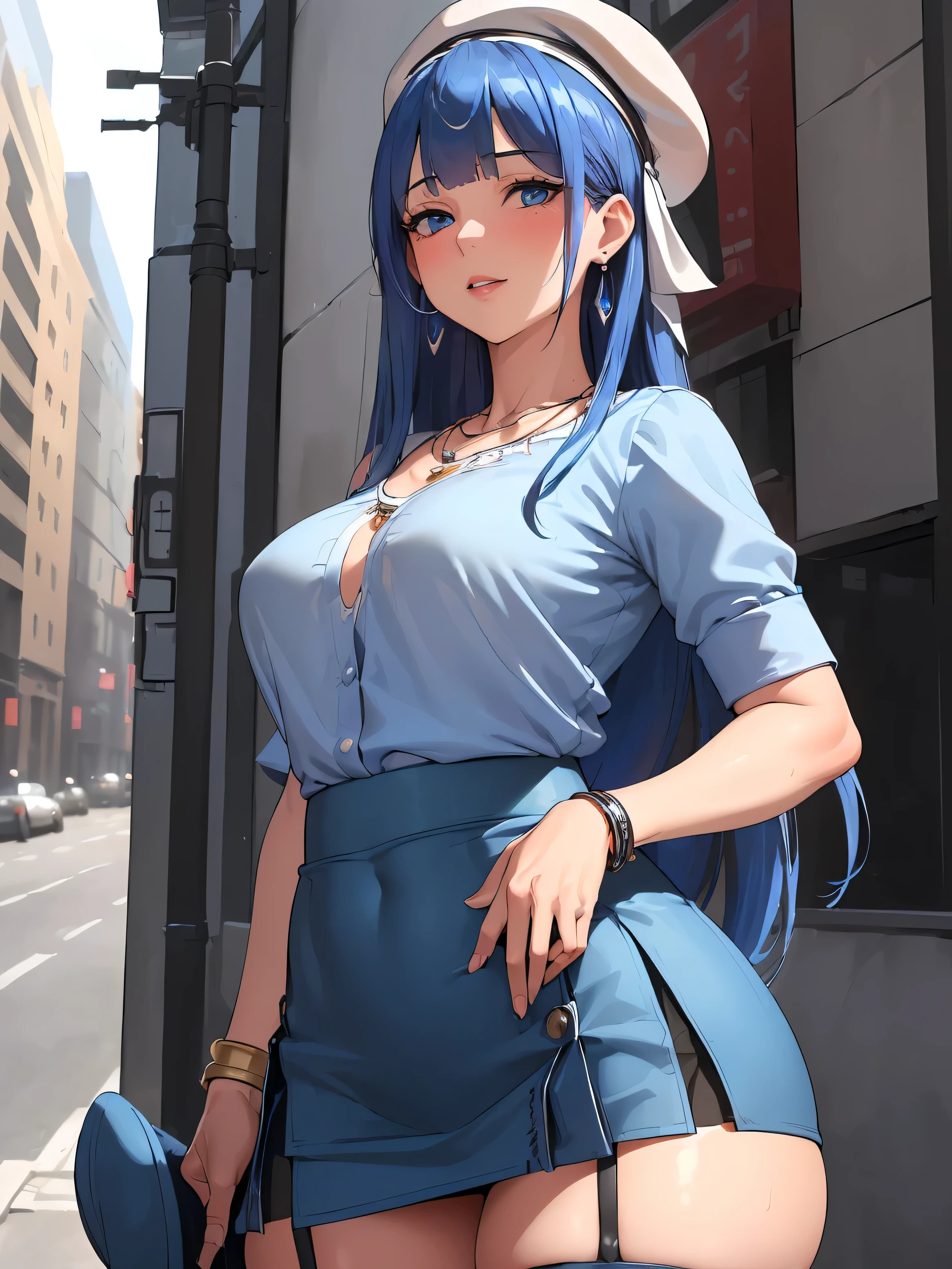 (((absurd))), (((masterpiece))), (((best quality))), ((Extremely detailed)), Ultra-high quality, Practical, (The real situation, Intricate details, Depth of Field), ((((1 Girl, Solitary)))), cosmetic, Open your mouth, Very detailed, Perfect face, (((Mature woman, ))), (Medium breasts, Thick thighs, Wide hips, The waist), (Skin Indentation), High target, Glossy lips, ((Firm abdomen)), Sexy, blush, ((Blue Hair, Bangs, Very long hair)), ((Beautiful blue eyes)), ((necklace, earrings, Hair accessories, Hair accessories, Headband, bracelet)), ((((,  hat, Blue shirt, mini skirt, stocking)))), Charming smile, ((outdoor, City)), (((Cowboy shooting, posture, )))