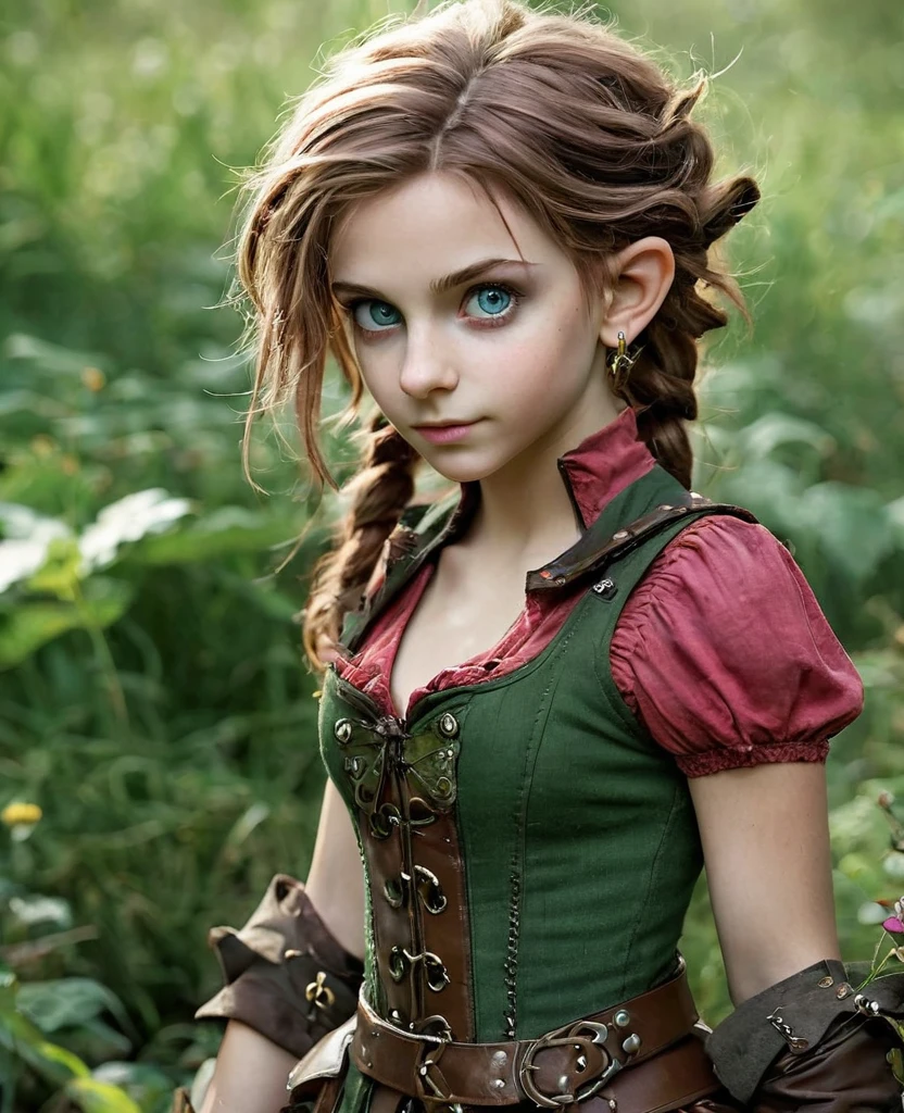 cute elf, (teenage elf  with extremely cute eyes)), (((elf))), ((((high resolution))), (((extremely detailed))), ((masterpiece)), looks like Aerith Gainsborough, dramatic shadows, depth of field, analog photo style, (world in which are collide steampunk and postapocalyptic vibes), postapocalyptic cute female in steampunk aesthetic, torn dirty clothes, depth of field, full body shot, unzoomed, (perfect body: 1.4), (sidecut short hairstyle), (stalking is quite common, although not the best way to make a living), stylized atmosphere of unreality, dark atmosphere, dynamic pose, in motion, Armageddon, increase cinematic lighting, highly lifelike skin texture, parted lips, weary eyes, fine eyes, whitened skin, random hair colour, doomsday aura