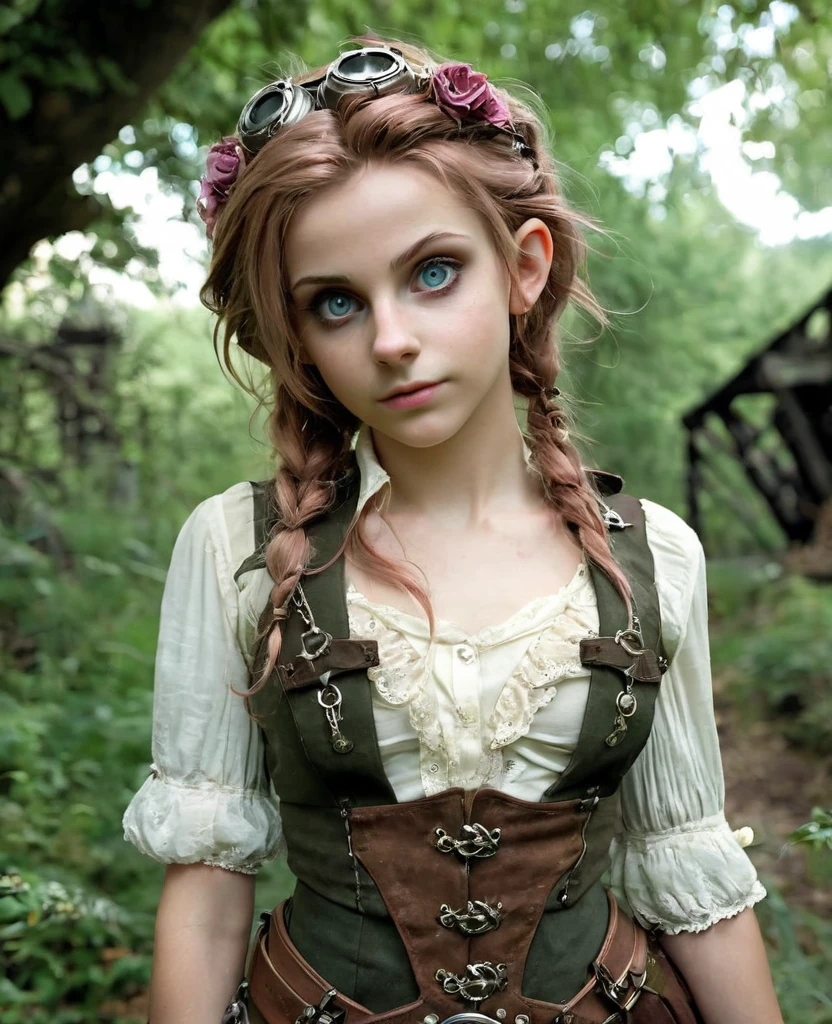 cute elf, (teenage elf  with extremely cute eyes)), (((elf))), ((((high resolution))), (((extremely detailed))), ((masterpiece)), looks like Aerith Gainsborough, dramatic shadows, depth of field, analog photo style, (world in which are collide steampunk and postapocalyptic vibes), postapocalyptic cute female in steampunk aesthetic, torn dirty clothes, depth of field, full body shot, unzoomed, (perfect body: 1.4), (sidecut short hairstyle), (stalking is quite common, although not the best way to make a living), stylized atmosphere of unreality, dark atmosphere, dynamic pose, in motion, Armageddon, increase cinematic lighting, highly lifelike skin texture, parted lips, weary eyes, fine eyes, whitened skin, random hair colour, doomsday aura