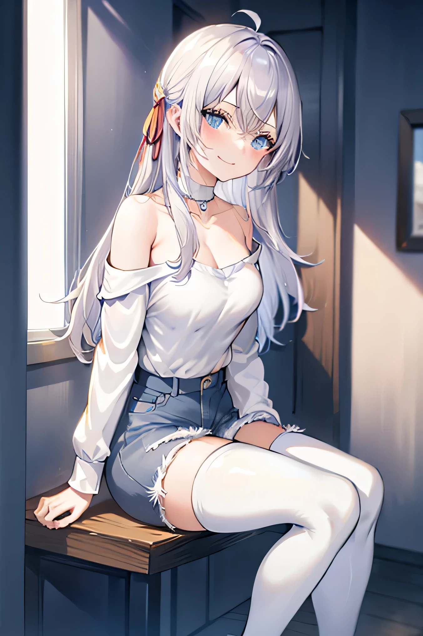 silver hair,blue eyes,Arya、Best masterpiece, anime coloring, ultra-detail, 8k、((Sitting on the open corridor))、summer, morning, sun、White off-shoulder jeans with shorts、from below、looking down、smile