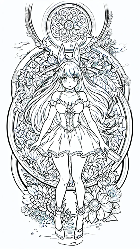 (Bunny girl:1.5), 8k, black and white drawing of circular design, intricate thin lines, centering radial design, coloring pages, simplified zentangle, coloring book outline, black and white only, no outline, intricate designs, coloring book, celtic design, intricate lines, no gradients