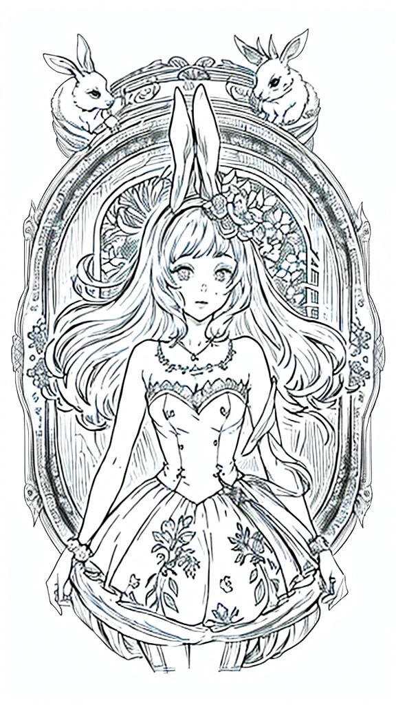 (Bunny girl:1.5), 8k, black and white drawing of circular design, intricate thin lines, centering radial design, coloring pages, simplified zentangle, coloring book outline, black and white only, no outline, intricate designs, coloring book, celtic design, intricate lines, no gradients