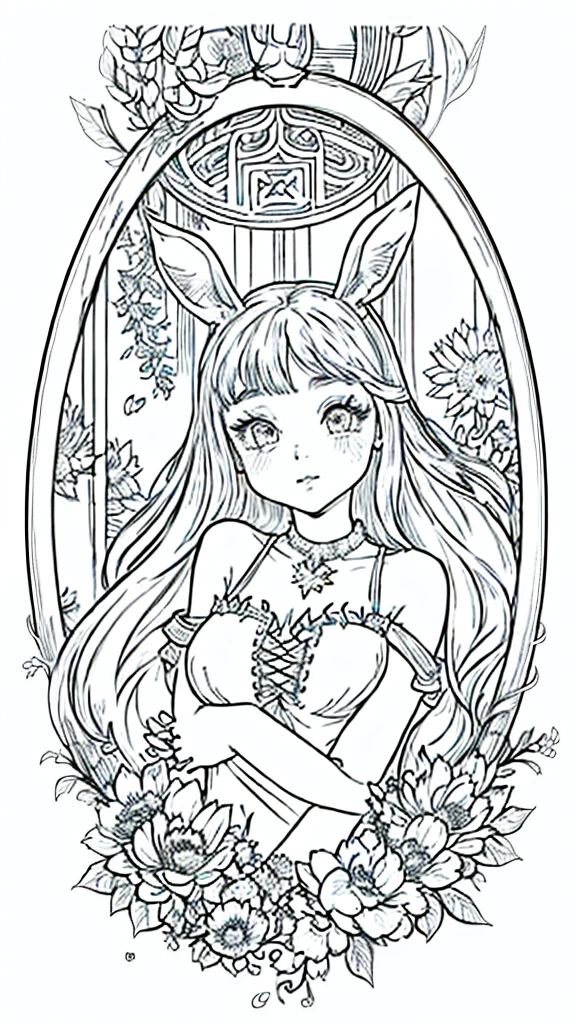 (Bunny girl:1.5), 8k, black and white drawing of circular design, intricate thin lines, centering radial design, coloring pages, simplified zentangle, coloring book outline, black and white only, no outline, intricate designs, coloring book, celtic design, intricate lines, no gradients