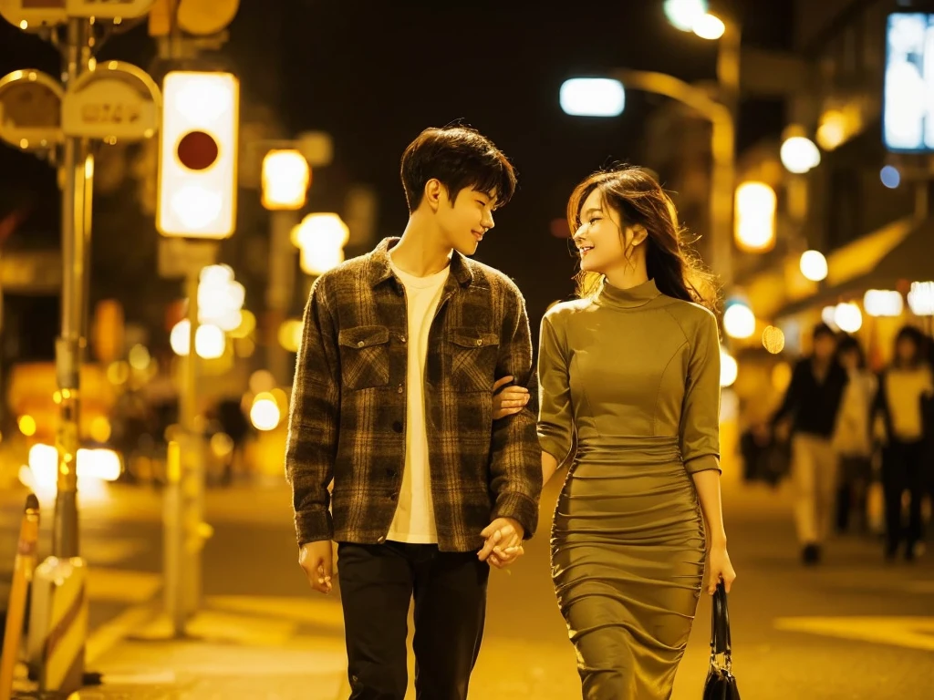 A striking, ultra-detailed image of a young Korean couple strolling hand-in-hand on a bustling night street. The man is dressed in a cozy flannel shirt,
while the woman is clad in a stylish, form-fitting dress. The city lights and traffic signals illuminate their surroundings, casting a warm, inviting glow. The couple's expressions convey a deep connection and passion, as they share a tender moment in the vibrant urban setting.