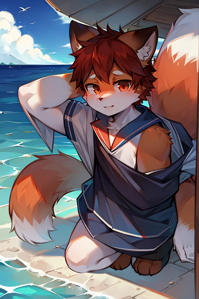 Red Panda Boy,8k resolution,Furry, Ocean,Sailor suit,Red collar,Two legs,Stand up on your own two feet! Towering,spindly,spindly,:slim body,:tall