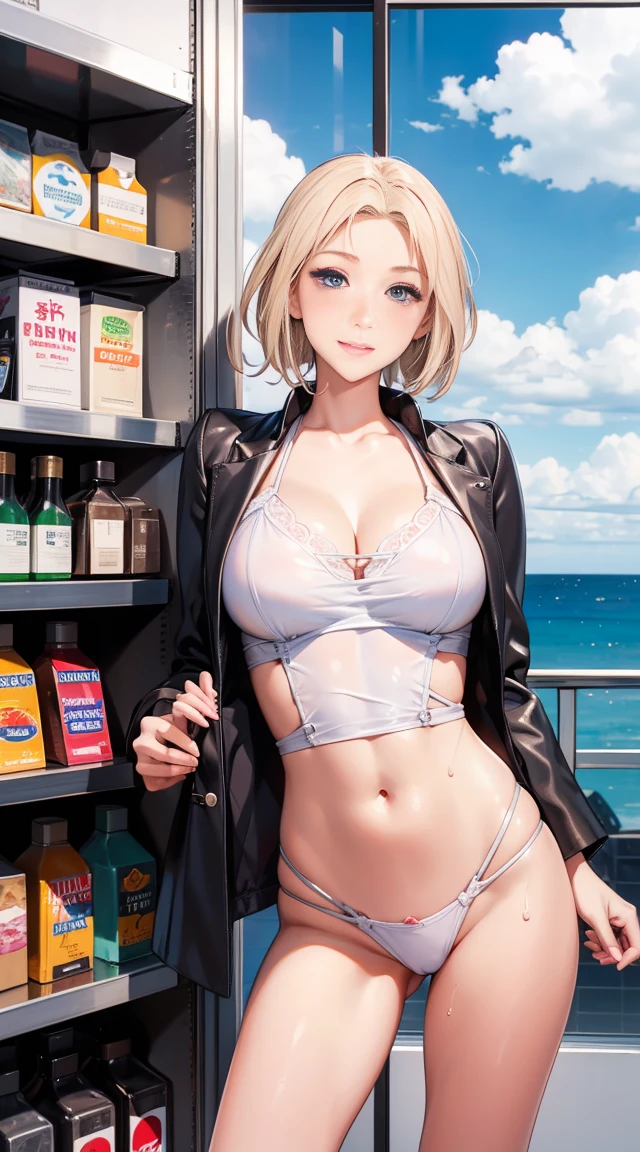 (familiar, masterpiece, best quality, complicated),

Cowboy shooting, Kikyo flower,

Large Breasts, 
1 名female孩, Solitary, At convenience stores,
Lovely eyes, Pretty Face, perfectly round buttocks, 
Fit and figure, female,

This jacket is a lovely thin shirt, Cleavage exposed, 穿着白衬衫和迷你裙的美丽的female人, Ultra-mini skinny, Smile, 

Black high-heels, High Leg Raise, Black_Leg wear,

Teenagers, Solitary, Pale skin,
blue eyes, ((Beautiful adult)),
No_bar,

enchanting Smile, Naughty face, Sweat, steam, embarrassed, blush, excited, (Speak your mind),

Standing, Best posture, Cover the crotch,

(At convenience stores), Near the ocean shore, (window, ocean, Invalid, cloud, sky), 夏sky, indoor, view, Bright Lights, Many products displayed on the shelves, White Wall,