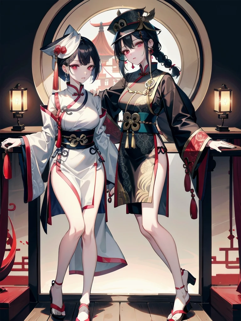 absurdres, RAW photo, extremely delicate and beautiful, masterpiece, Best Quality, ultra high resolution, 32k, hyperrealistic, ultra-detailed, in her 20s, delicate facial features, tearful mole, earring, medium breasts, full body shot, shorter middle hair, black hair, cemetery, dress, braid, chinese clothes, headwear, ofuda, jiangshi, qing guanmao,