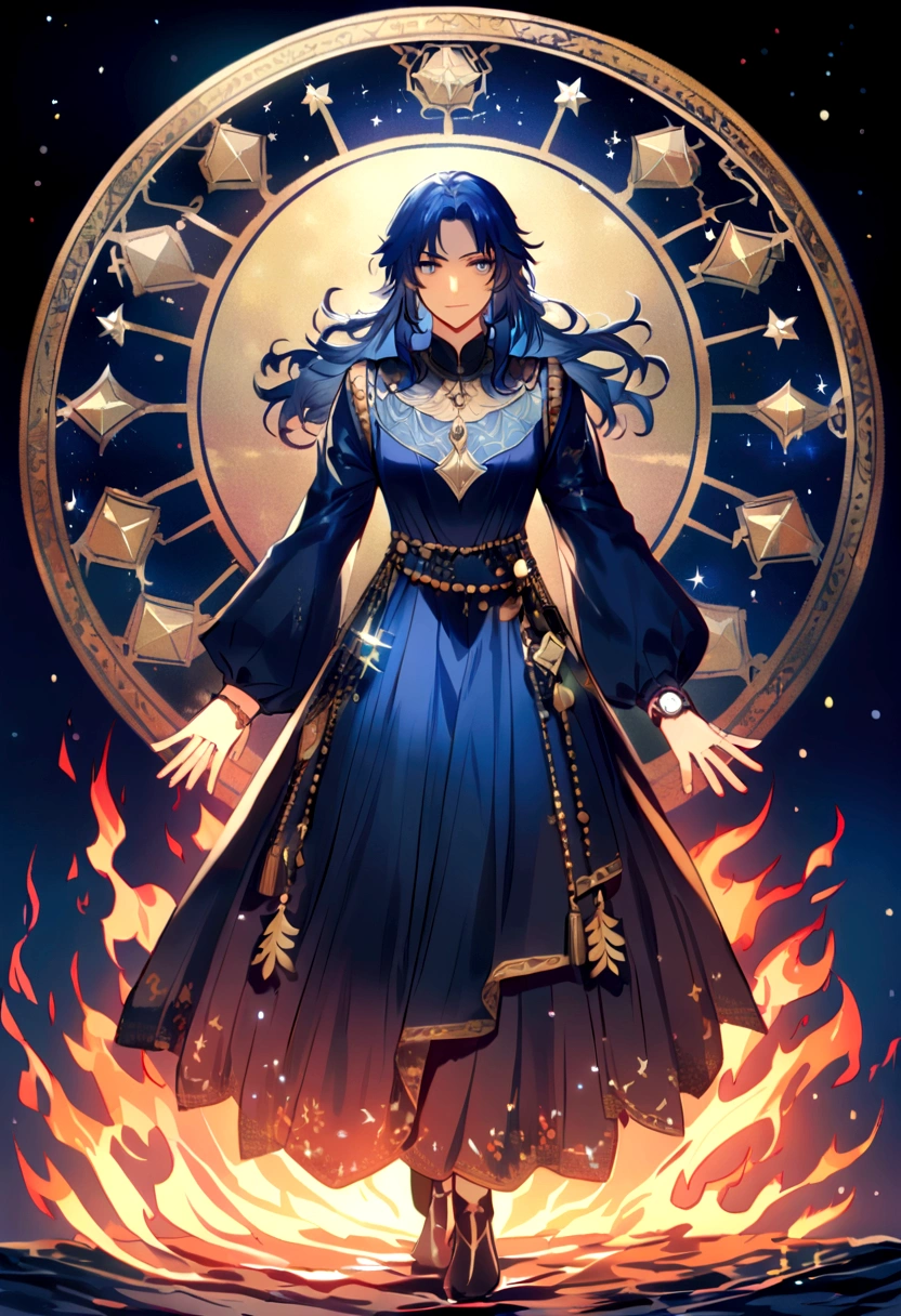 ( high quality , Super detailed, Watch your hands )Zodiac sign - Goddess of Sagittarius , Similar to the goodness of Latin . Optimistic, fair, Funny and intelligent face . recklessness, Ruthless, impatient, Overconfident style . Dark blue eyes (Eye details) , Sparkling deep blue hair , Transparent Dress , In the sea of shining stars , whole body , Fire makeup look , God Chiron