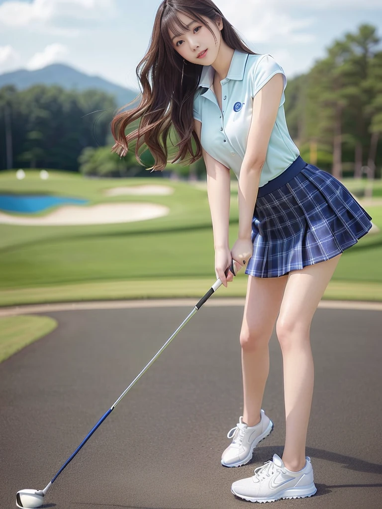 Stunning photo quality、A 20-year-old Japanese idol playing golf in white golf wear and a navy blue skirt, girl weaまたg uniform,Photo of slim girl model, Japanese Model, Dressed in white, weaまたg black vest and skirt, Japanese Girls , Professional sports style, mini skirt, looking at the camera、Detailed and beautiful eyes、Cute smile、A soft and gentle look