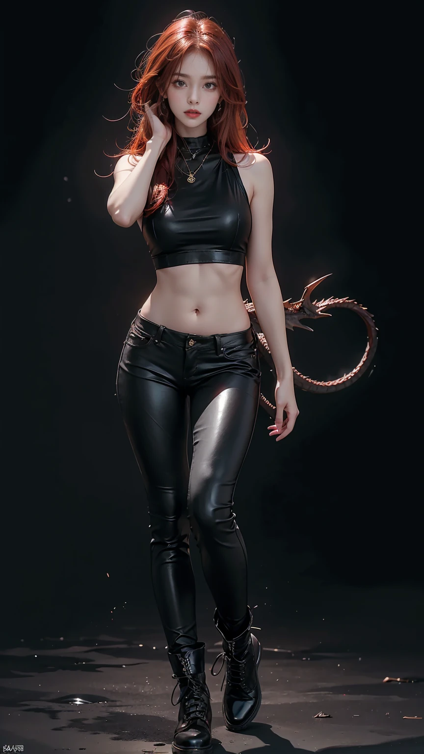 Highest quality、masterpiece、8K、Realistic、超High resolution、Very delicate and beautiful、High resolution、Muscle Girl、Dragon Girl、Perfect female body、Beautiful woman、Mature Woman、Redhead、Messy long hair、Toned body、Large Breasts 、Six Pack、I can see your belly、Tank top、Black leather pants、boots、Wild Pose、Full body emphasis、Simple Background