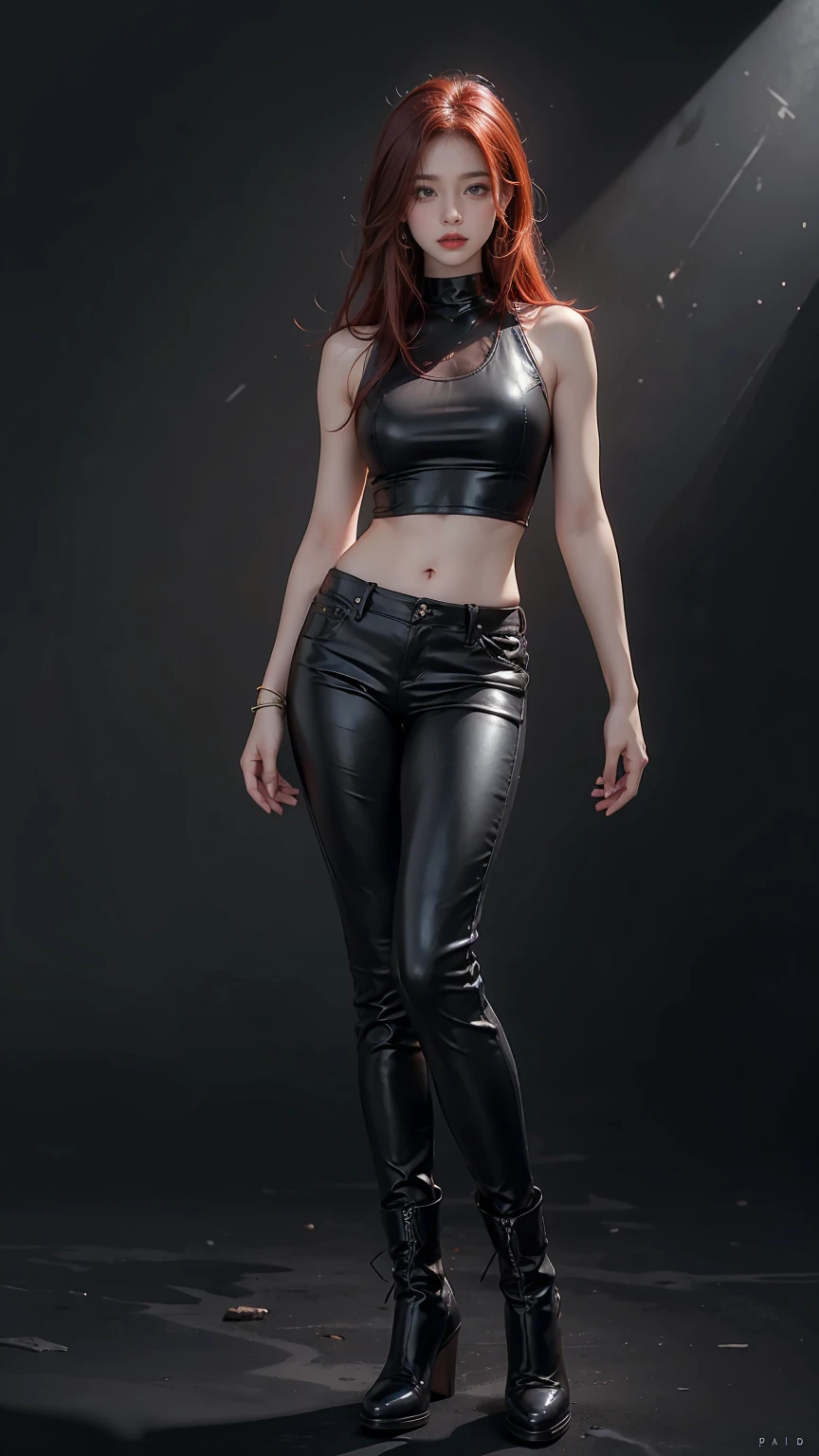 Highest quality、masterpiece、8K、Realistic、超High resolution、Very delicate and beautiful、High resolution、Muscle Girl、Dragon Girl、Perfect female body、Beautiful woman、Mature Woman、Redhead、Messy long hair、Toned body、Large Breasts 、Six Pack、I can see your belly、Tank top、Black leather pants、boots、Wild Pose、Full body emphasis、Simple Background