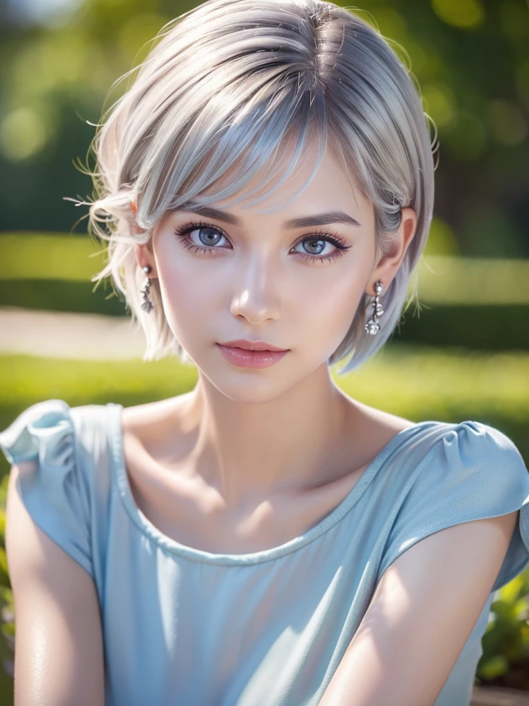 a young girl with silver hair in a pixie cut hairstyle, beautiful detailed eyes, long eyelashes, detailed lips, detailed face, wearing earrings, a short-sleeved shirt, with a slim waist, charming and attractive, colorful makeup, pale skin tone, (best quality,4k,8k,highres,masterpiece:1.2),ultra-detailed,(realistic,photorealistic,photo-realistic:1.37),