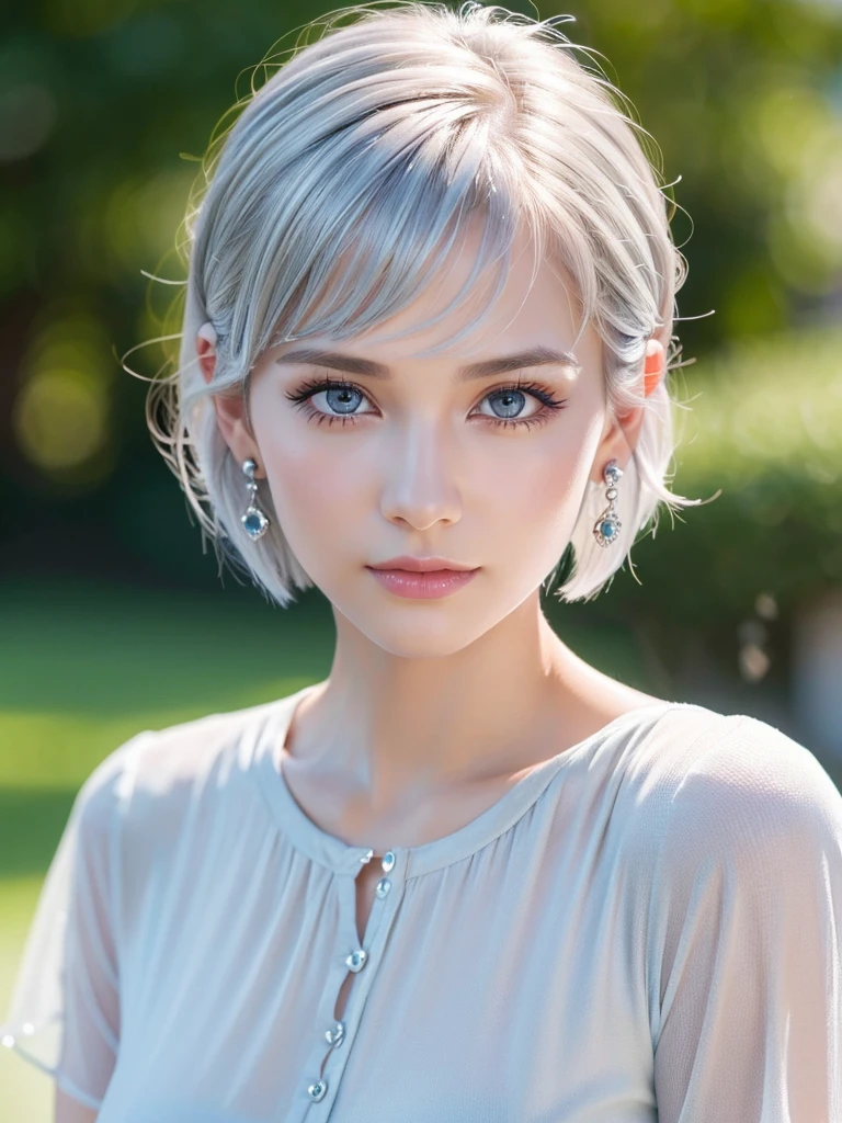 a young girl with silver hair in a pixie cut hairstyle, beautiful detailed eyes, long eyelashes, detailed lips, detailed face, wearing earrings, a short-sleeved shirt, with a slim waist, charming and attractive, colorful makeup, pale skin tone, (best quality,4k,8k,highres,masterpiece:1.2),ultra-detailed,(realistic,photorealistic,photo-realistic:1.37),