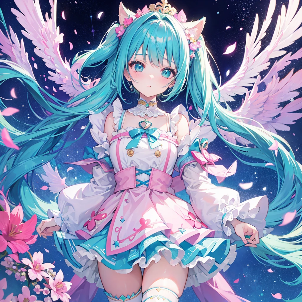 A vibrant, pastel-colored illustration of a young girl with teal hair, styled in twin tails adorned with various colorful accessories, including bows and flowers. She has large, sparkling eyes filled with stars, and a gentle blush on her cheeks. The girl is wearing a light-colored jacket decorated with heart-shaped and floral patterns, which also has a few star-shaped embellishments. She is surrounded by a flurry of glowing, floating stars and petals, creating a whimsical and dreamy atmosphere. The background features a gradient of light pink and dark blue, adding to the ethereal and magical feel of the scene. The overall color palette is dominated by soft pinks, blues, and purples, enhancing the dreamy and cheerful mood.
