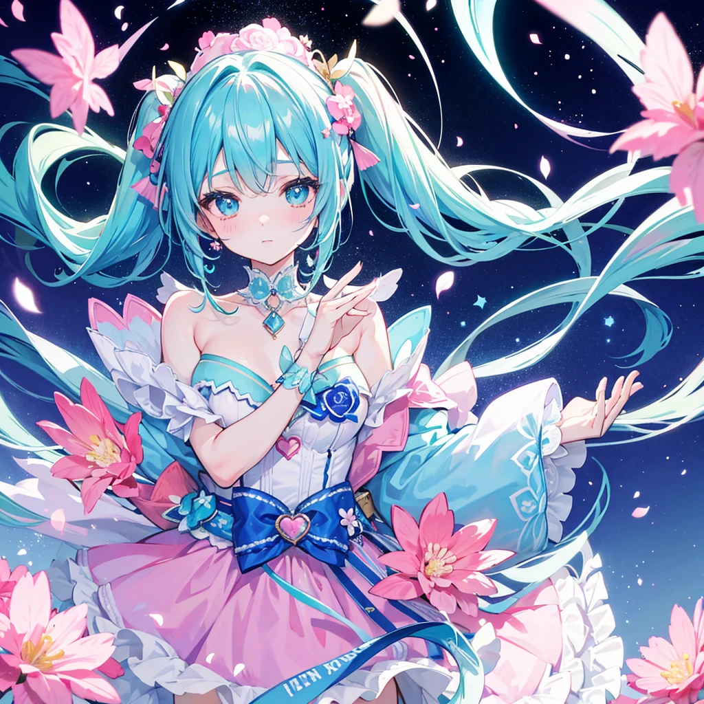 A vibrant, pastel-colored illustration of a young girl with teal hair, styled in twin tails adorned with various colorful accessories, including bows and flowers. She has large, sparkling eyes filled with stars, and a gentle blush on her cheeks. The girl is wearing a light-colored jacket decorated with heart-shaped and floral patterns, which also has a few star-shaped embellishments. She is surrounded by a flurry of glowing, floating stars and petals, creating a whimsical and dreamy atmosphere. The background features a gradient of light pink and dark blue, adding to the ethereal and magical feel of the scene. The overall color palette is dominated by soft pinks, blues, and purples, enhancing the dreamy and cheerful mood.
