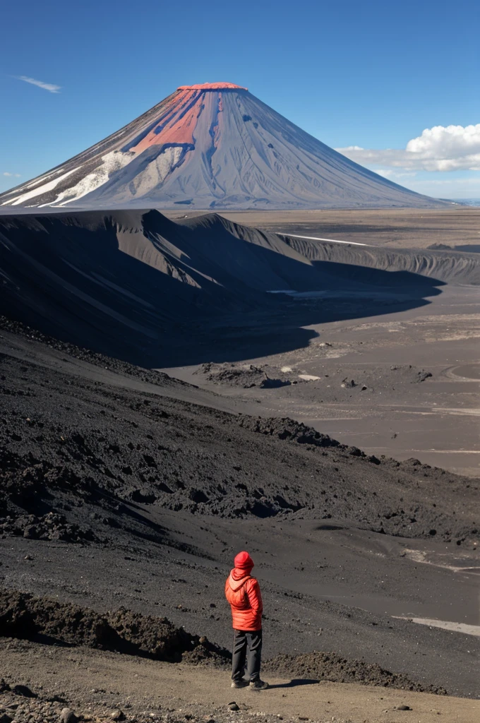 A person and a volcano behind