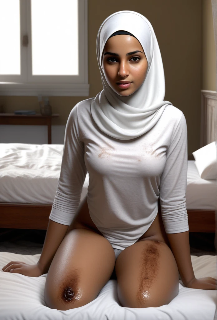 1 girl, Realistic graphics, realistic textures, realistic face features, realistic body proportions, hijab, white shirt, no pants, no underwear, barefoot, in bedroom, detailed bedroom, on bed, pooping, too much poop on the bed, (((dirty body))), filthy atmosphere, disgusting atmosphere, scat themed, poop on shirt, poop on body, (((poop coming out of ass))),