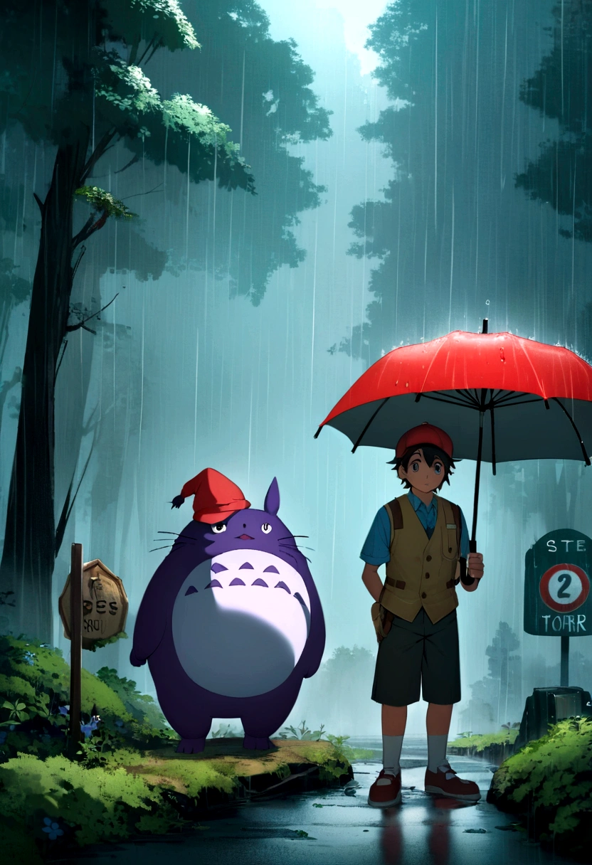 Create an image inspired by the combination of "Pokémon" and "My Neighbor Totoro." The scene is set at a bus stop in a dark, rainy forest. A young boy with a red cap and vest, resembling Ash Ketchum, is holding an umbrella. Beside him, there is a large Gengar also holding an umbrella. The bus stop sign is visible in the background, and rain is pouring down heavily, adding a mystical and whimsical atmosphere to the scene.