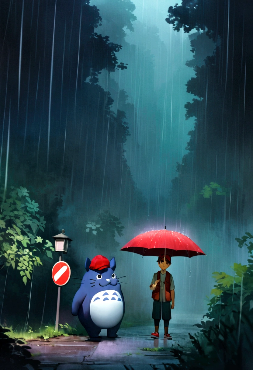 Create an image inspired by the combination of "Pokémon" and "My Neighbor Totoro." The scene is set at a bus stop in a dark, rainy forest. A young boy with a red cap and vest, resembling Ash Ketchum, is holding an umbrella. Beside him, there is a large Gengar also holding an umbrella. The bus stop sign is visible in the background, and rain is pouring down heavily, adding a mystical and whimsical atmosphere to the scene.