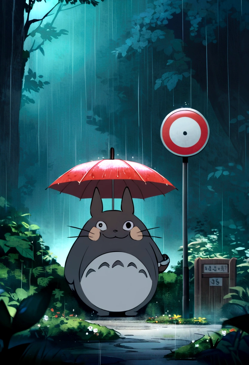 Create an image inspired by the combination of "Pokémon" and "My Neighbor Totoro." The scene is set at a bus stop in a dark, rainy forest. A young boy with a red cap and vest, resembling Ash Ketchum, is holding an umbrella. Beside him, there is a large Gengar also holding an umbrella. The bus stop sign is visible in the background, and rain is pouring down heavily, adding a mystical and whimsical atmosphere to the scene.