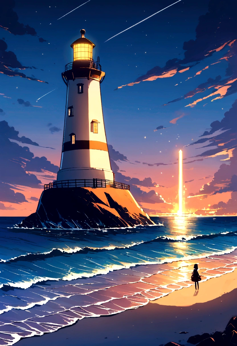 Mysterious lighthouse at the end of the beach, Guides ships with beams of radiant energy