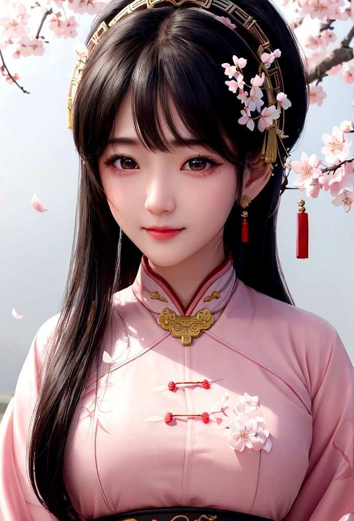 (logo、masterpiece、8K、Tabletop、RAW Photos、wonderful、最high quality、Realistic、Very detailed CG 統合 8K 壁紙、high quality、Very detailed、narrative poem、particles effect、Dynamic Effects、Depth of written boundary、Cinematic Light、Lens flare、Ray Tracing)、Fantasy、 (1 beauty、Chinese traditional clothing isolated on white background、chinese dresses、White cherry blossom pattern、Black-haired、Beautiful Face、True Face、Beautiful details in the eyes、Beautiful Skin)、Hair flutters in Wind、Hair bounces、Pink cherry blossom tree、Petals flutter、SakuraFubuki、wonderful景色、Morning Glow、Sun in the background、Wind、god々、tooth、god話、Vast land、