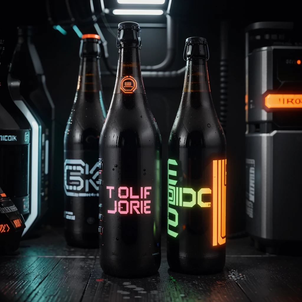 One bottle in the picture.A bottle of cyber beer presented in cyberpunk style, with characteristic elements: smooth, matte coating, decorated with bright neon luminous inserts. Design includes digital pixel patterns and abstract graphic elements, creating the effect of digital disruption and the future of the technological world. The main color of the bottle is deep purple, red, orange or green. This combination gives the product a unique cyberpunk style and modern look..
Bottle with holographic labels, depicting robotic fruits reflecting the taste of the future.