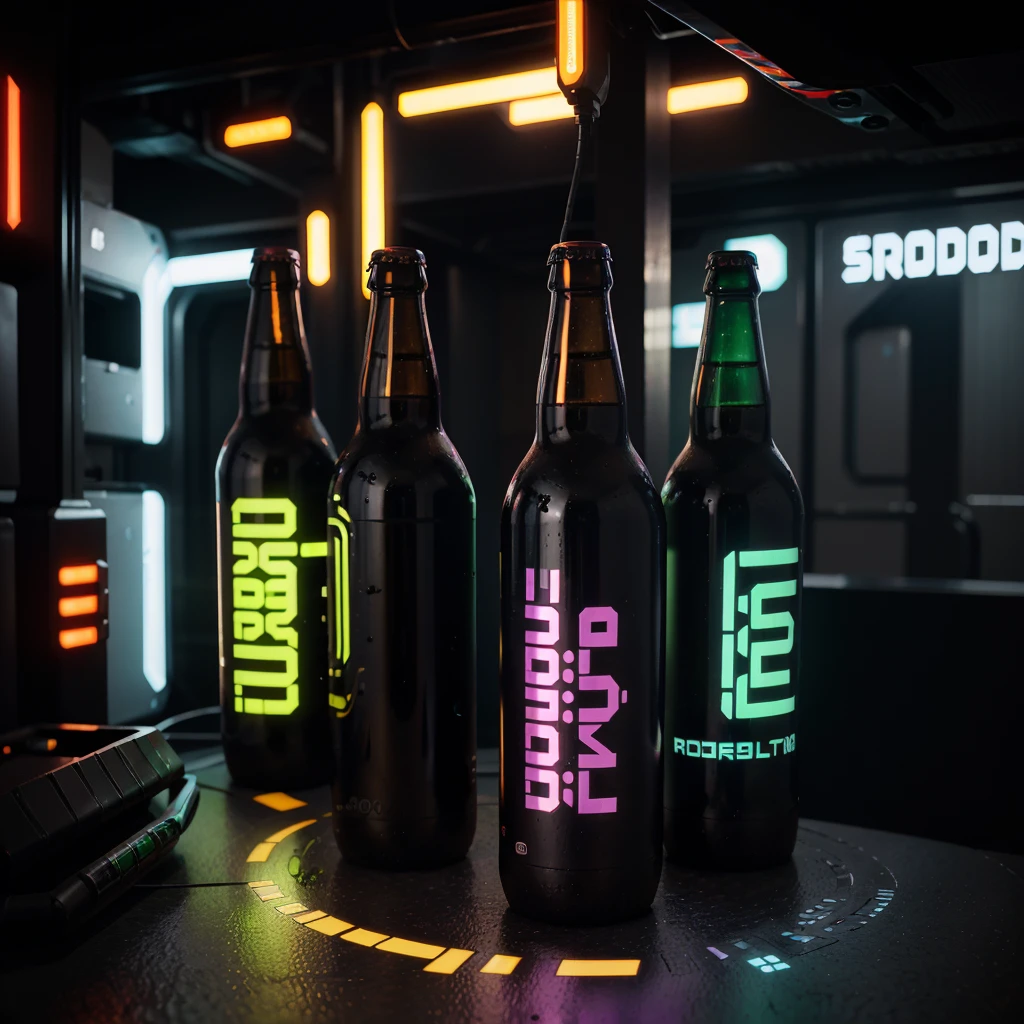 One bottle in the picture.A bottle of cyber beer presented in cyberpunk style, with characteristic elements: smooth, matte coating, decorated with bright neon luminous inserts. Design includes digital pixel patterns and abstract graphic elements, creating the effect of digital disruption and the future of the technological world. The main color of the bottle is deep purple, red, orange or green. This combination gives the product a unique cyberpunk style and modern look..
Bottle with holographic labels, depicting robotic fruits reflecting the taste of the future.