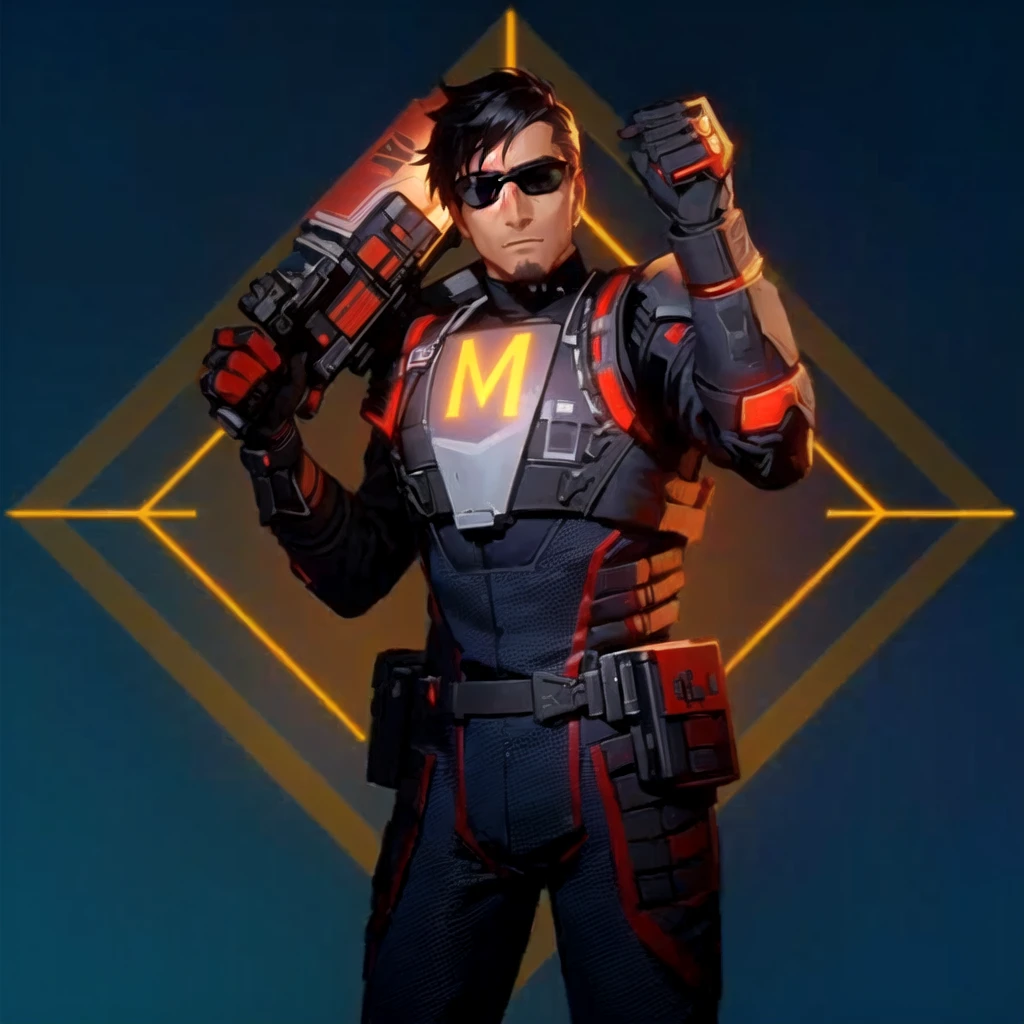 a man in a futuristic suit holding a gun, He has black glasses and on his chest he has the letter M, Bill Gates en Overwatch, as supervisory character, anime character, omen from valorant, thertrevkaiser, supervisory winston, Haris Nukem, in the style of apex legends, Markiplier, as anime character, valorant jett, as a Fortnite character
