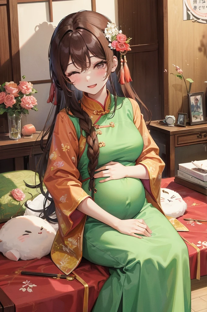 绝代夜满月1女China风古风姐妹御姐Smile棕发Princess剪麻花辫双丸浅粉红唇, calm, Intellectuals, Zhongfa, Green Student, hairpin, Peach Blossom, red clothes easter, best quality, Married woman, aldult, Chinese, China, elder sister, Smile, hairpin,Brown hair, Princess,Full of maternal love,cheongsam,purely,blush,Solemn yet lively,Mother,Mature,Beautifully,pregnant,wife,cheongsam长袜