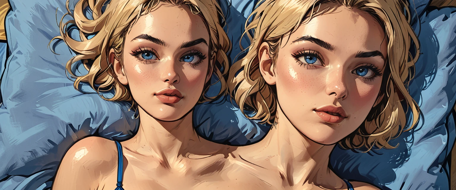 view from above, top view, from above, lying, a (girl in BLUE underwear) lies on a blue double bed, portrait, close-up,
adult, [Nordic], perfect Olive skin, Oval Face,  Rounded shoulders,  Attached Pointed ears, round forehead, ((Short blonde Waves pixie hair)), snub nose, Arched eyebrows, Monolid blue Eyes, High Round Narrow cheekbones, Dimpled Cheeks, Rounded Chin, Rounded Jawline, Full nude Lips, Nude Makeup Look, long eyelashes, 

graphic style of novel comics,dark novel, 2d, 8k, hyperrealism, masterpiece, high resolution, best quality, ultra-detailed, super realistic, Hyperrealistic art, high-quality, ultra high res, highest detailed, lot of details, Extremely high-resolution details, incredibly lifelike, colourful, soft cinematic light,