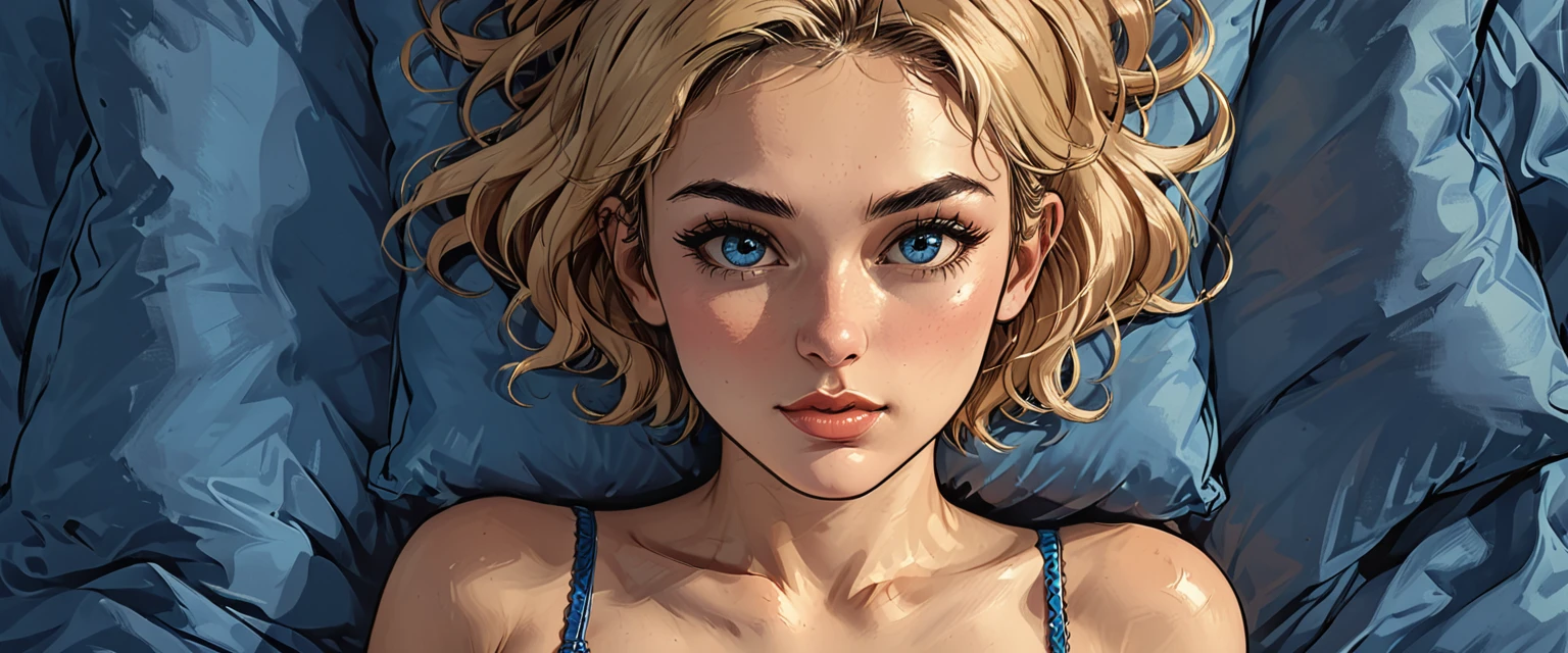 view from above, top view, from above, lying, a (girl in BLUE underwear) lies on a blue double bed, portrait, close-up,
adult, [Nordic], perfect Olive skin, Oval Face,  Rounded shoulders,  Attached Pointed ears, round forehead, ((Short blonde Waves pixie hair)), snub nose, Arched eyebrows, Monolid blue Eyes, High Round Narrow cheekbones, Dimpled Cheeks, Rounded Chin, Rounded Jawline, Full nude Lips, Nude Makeup Look, long eyelashes, 

graphic style of novel comics,dark novel, 2d, 8k, hyperrealism, masterpiece, high resolution, best quality, ultra-detailed, super realistic, Hyperrealistic art, high-quality, ultra high res, highest detailed, lot of details, Extremely high-resolution details, incredibly lifelike, colourful, soft cinematic light,