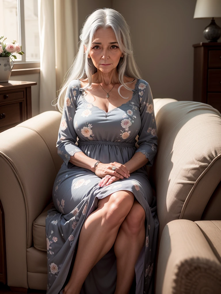 58 year old woman, long gray hair, detailed and shadowed face, posing for photo, flowered dress, living room scene, senora (best qualityer).