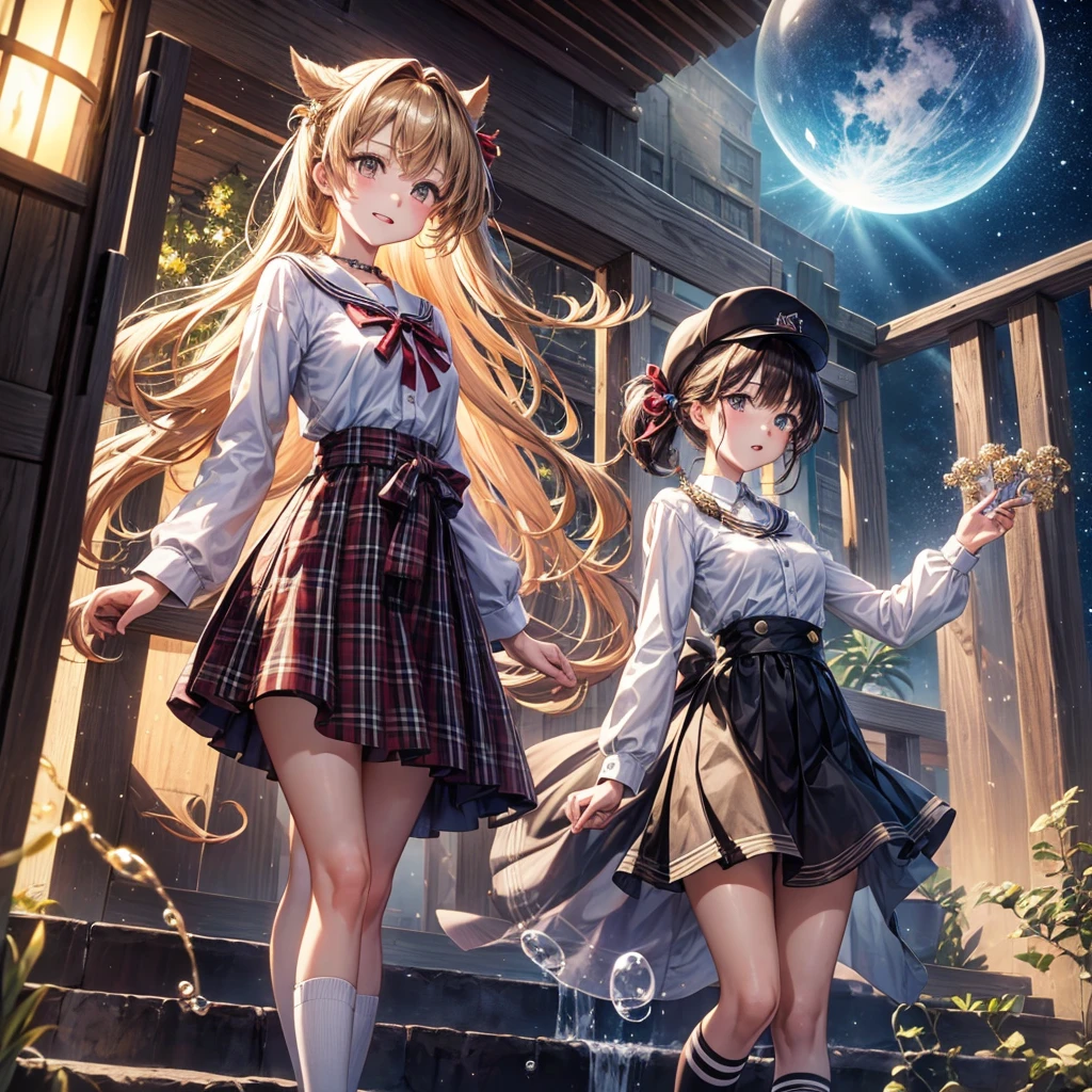Red, brown, gold, gold hair、Golden Eyes、Hair tied up、One good looking girl、solo、anime、Checkered mini skirt、Ruffles on the skirt、Checked dress、blouse、school uniform、Black knee-high socks、Wearing a baseball cap、Ribbon、Ribbon on waist、Teeth are visible、Silver coin necklace、From above、Cobblestones、waterfall、Starry Sky、Midnight Moon、suspension bridge、Soap bubbles are flying、beam、ripple、Rocks floating in water、Crab walking、Standing still、Eight Towers、Palm Tree