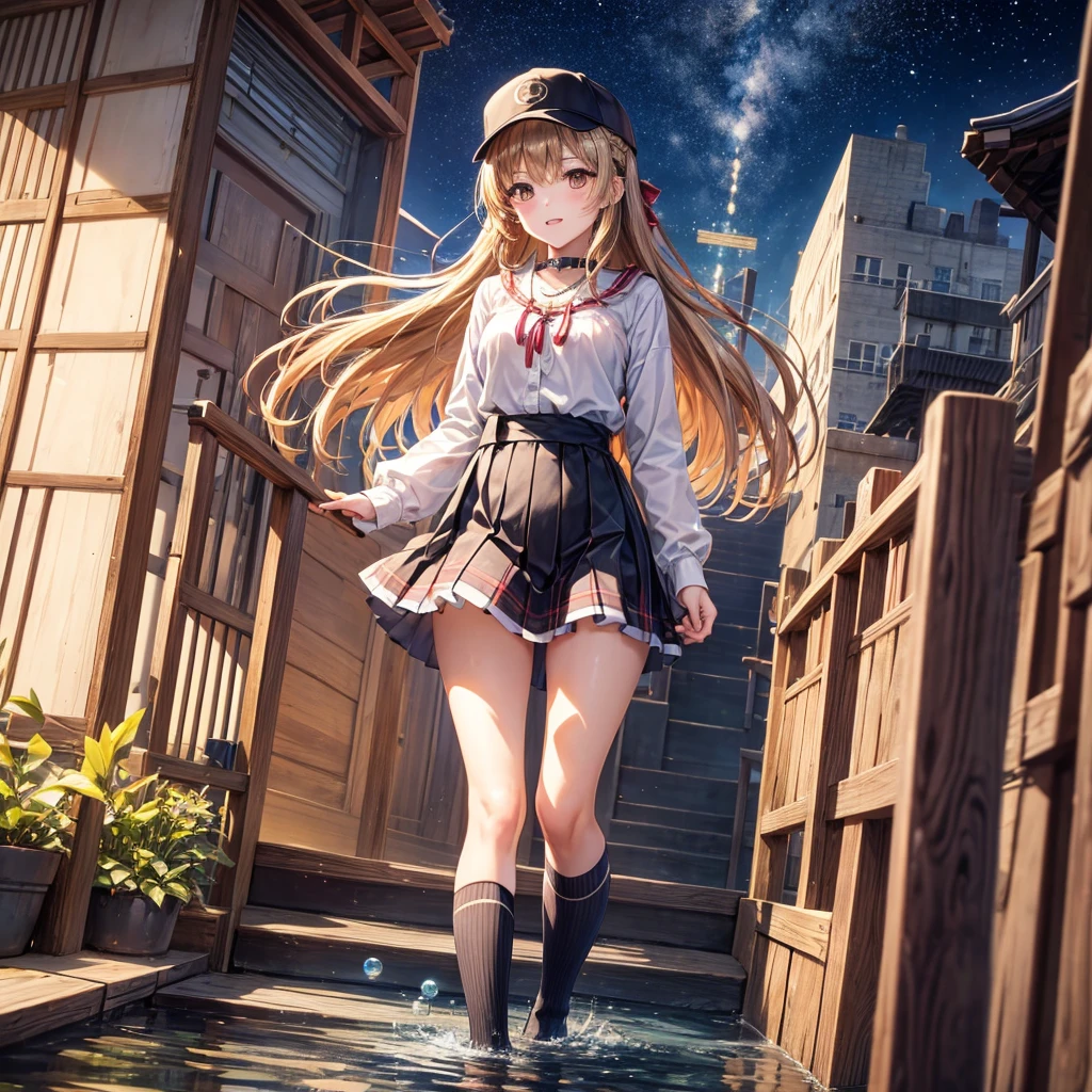Red, brown, gold, gold hair、Golden Eyes、Hair tied up、One good looking girl、solo、anime、Checkered mini skirt、Ruffles on the skirt、Checked dress、blouse、school uniform、Black knee-high socks、Wearing a baseball cap、Ribbon、Ribbon on waist、Teeth are visible、Silver coin necklace、From above、Cobblestones、waterfall、Starry Sky、Midnight Moon、suspension bridge、Soap bubbles are flying、beam、ripple、Rocks floating in water、Crab walking、Standing still、Eight Towers、Palm Tree