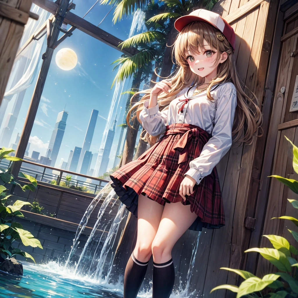 Red, brown, gold, gold hair、Golden Eyes、Hair tied up、One good looking girl、solo、anime、Checkered mini skirt、Ruffles on the skirt、Checked dress、blouse、school uniform、Black knee-high socks、Wearing a baseball cap、Ribbon、Ribbon on waist、Teeth are visible、Silver coin necklace、From above、Cobblestones、waterfall、Starry Sky、Midnight Moon、suspension bridge、Soap bubbles are flying、beam、ripple、Rocks floating in water、Crab walking、Standing still、Eight Towers、Palm Tree