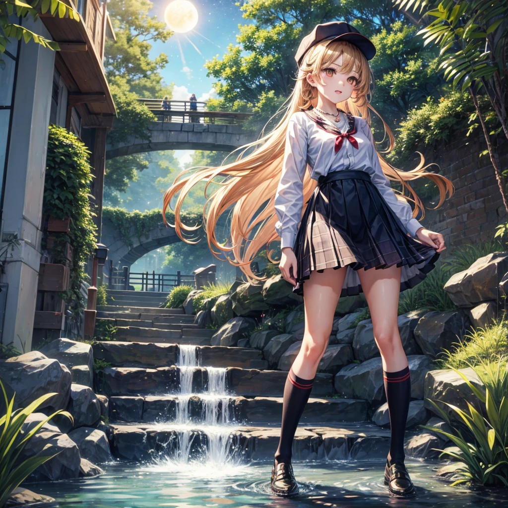 Red, brown, gold, gold hair、Golden Eyes、Hair tied up、One good looking girl、solo、anime、Checkered mini skirt、Ruffles on the skirt、Checked dress、blouse、school uniform、Black knee-high socks、Wearing a baseball cap、Ribbon、Ribbon on waist、Teeth are visible、Silver coin necklace、From above、Cobblestones、waterfall、Starry Sky、Midnight Moon、suspension bridge、Soap bubbles are flying、beam、ripple、Rocks floating in water、Crab walking、Standing still、Eight Towers、Palm Tree