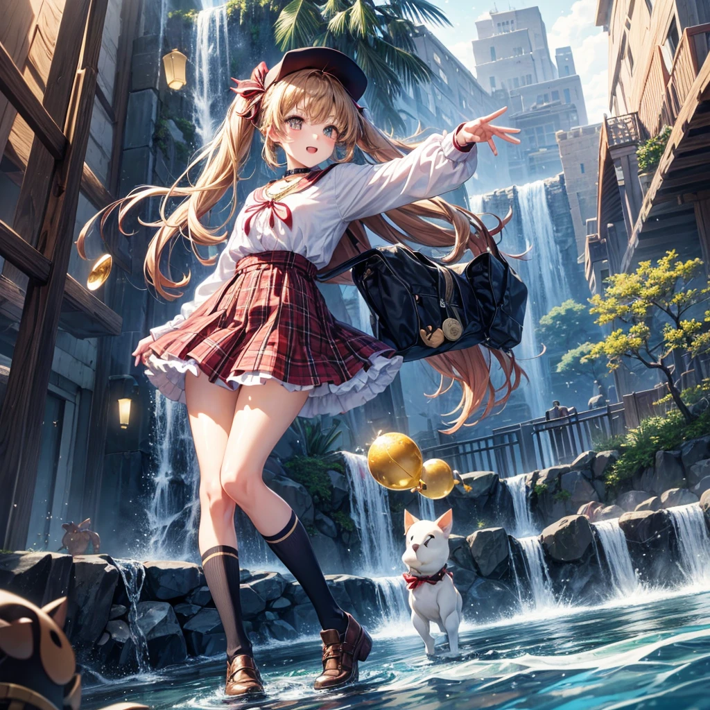 Red, brown, gold, gold hair、Golden Eyes、Hair tied up、One good looking girl、solo、anime、Checkered mini skirt、Ruffles on the skirt、Checked dress、blouse、school uniform、Black knee-high socks、Wearing a baseball cap、Ribbon、Ribbon on waist、Teeth are visible、Silver coin necklace、From above、Cobblestones、waterfall、Starry Sky、Midnight Moon、suspension bridge、Soap bubbles are flying、beam、ripple、Rocks floating in water、Crab walking、Standing still、Eight Towers、Palm Tree