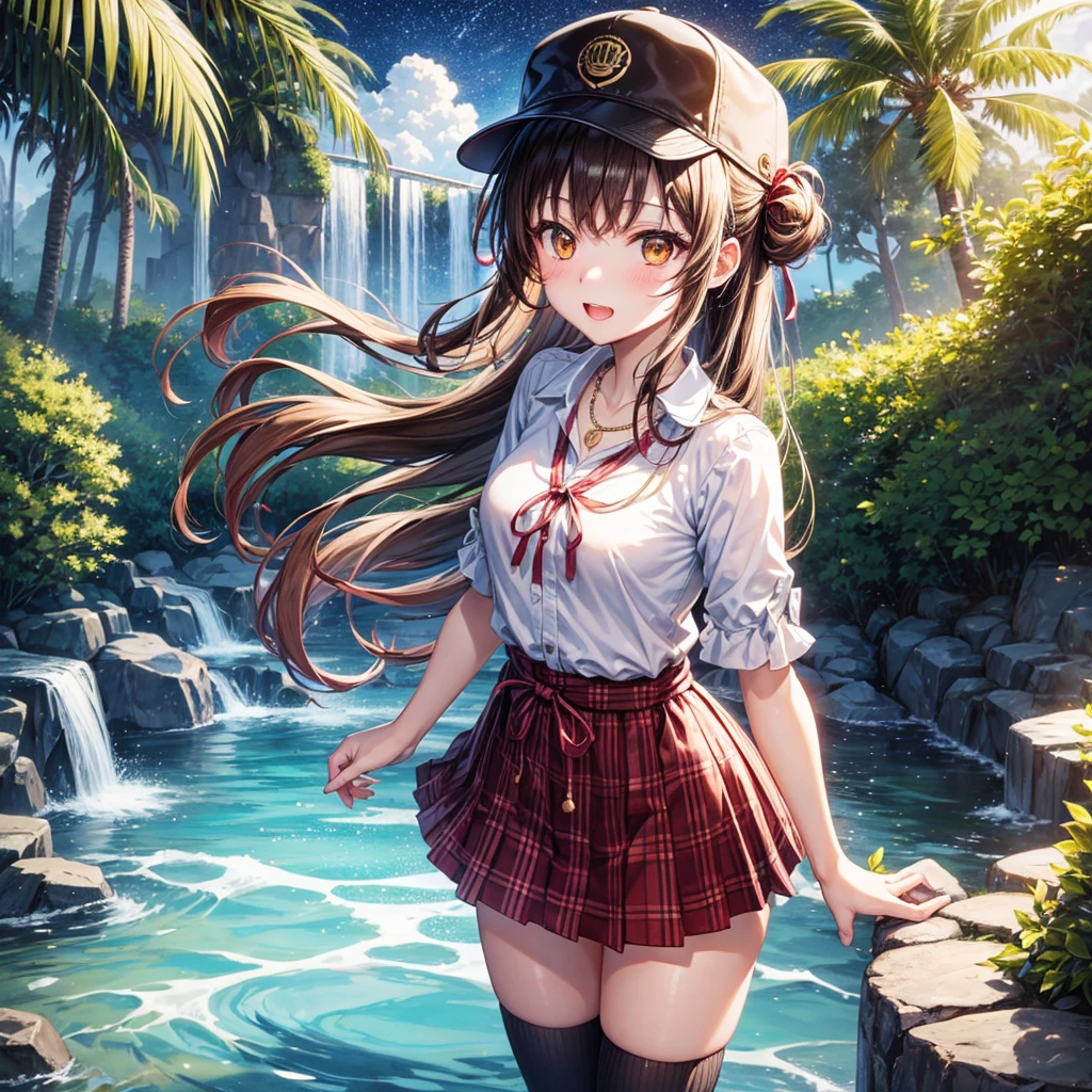 Red, brown, gold, gold hair、Golden Eyes、Hair tied up、One good looking girl、solo、anime、Checkered mini skirt、Ruffles on the skirt、Checked dress、blouse、school uniform、Black knee-high socks、Wearing a baseball cap、Ribbon、Ribbon on waist、Teeth are visible、Silver coin necklace、From above、Cobblestones、waterfall、Starry Sky、Midnight Moon、suspension bridge、Soap bubbles are flying、beam、ripple、Rocks floating in water、Crab walking、Standing still、Eight Towers、Palm Tree