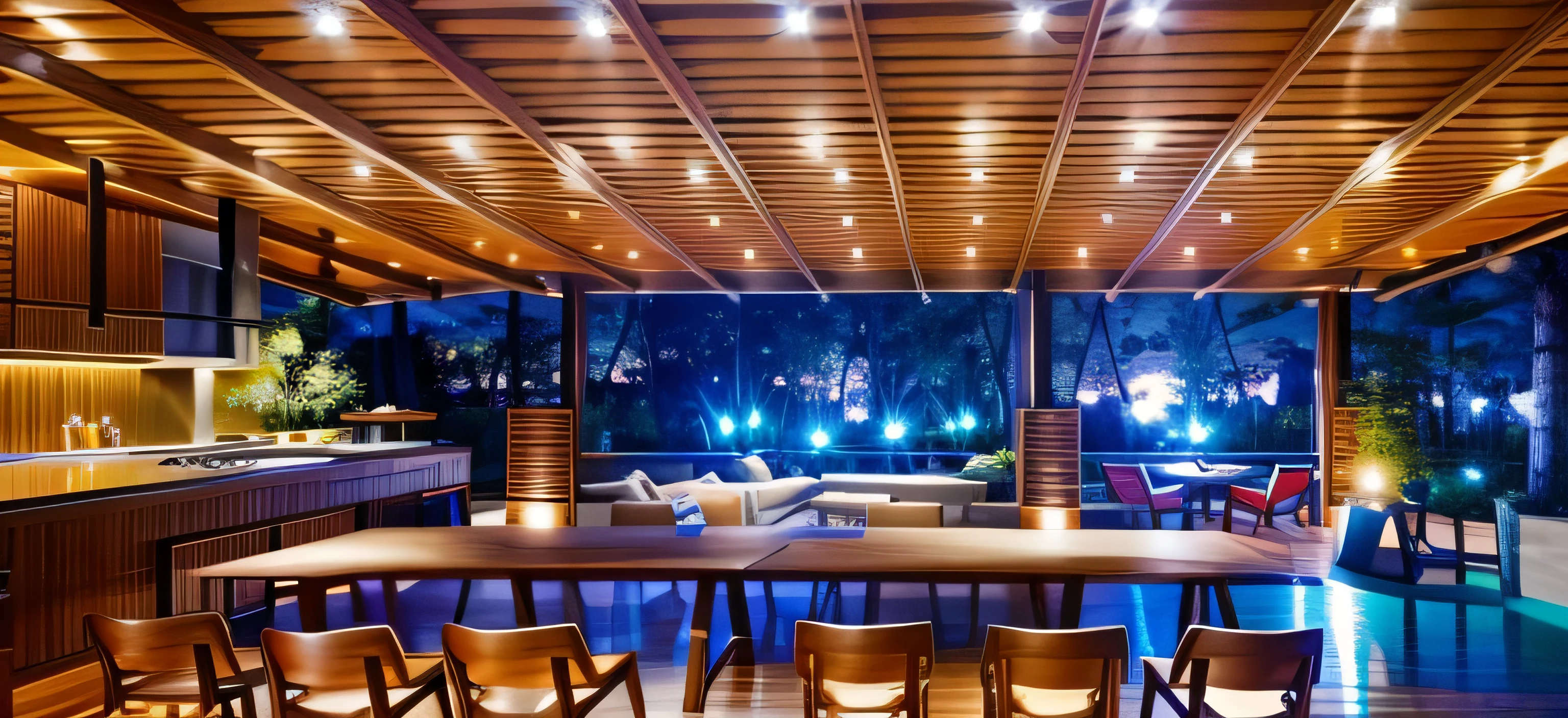 exterior design、Crazy detailed wide-angle building photos、cozy contemporary living room、(Bright warm sunshine 1:0.1)、award-winning contemporary exterior design、Landscapes、DL、a chair、in a house、wooden floor、window、dining room、east asian east asian architecture、Sliding paper doors、lamp lights、buliding、the woods、naturey、Cups、A plant、Interior design、Insert lights and shadows、depth of fields、low illuminance