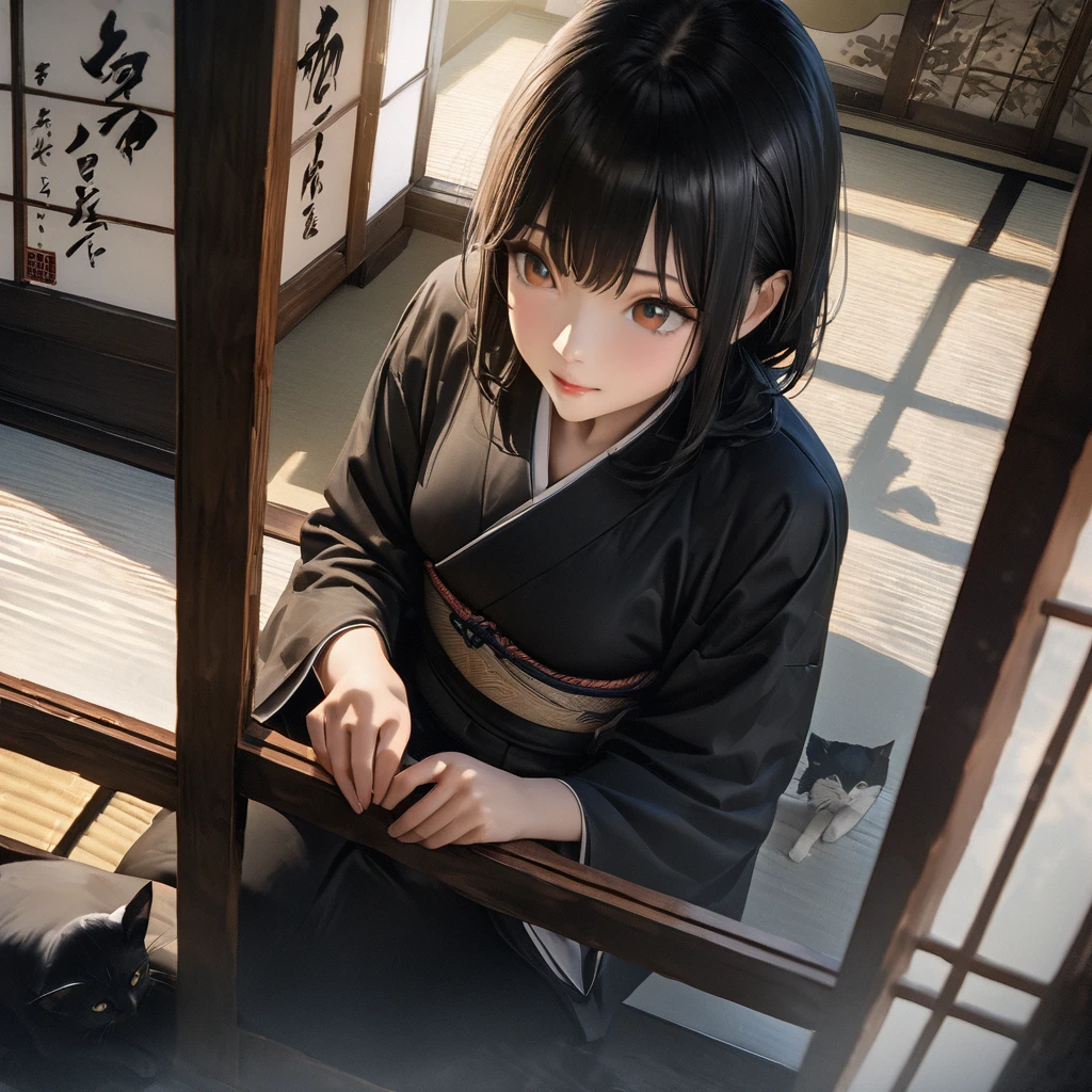 Girl with a cat, Ink Painting, In the tranquility of a traditional Japanese room, A girl wearing a kimono is sitting upright, Her eyes were fixed on the black cat that was perched on the window pane.. , Panoramic View, 8K,((masterpiece:1.4, Highest quality)), Black Hair, Brown eyes, (Depth of written boundary:1.3), Lower Body, High quality scenes, Vivid and photorealistic, Super detailed, 8K, masterpiece, elegant, Beautiful summer sky, Warm atmosphere, Clear lines, Official Art, Professional, Ultra high definition