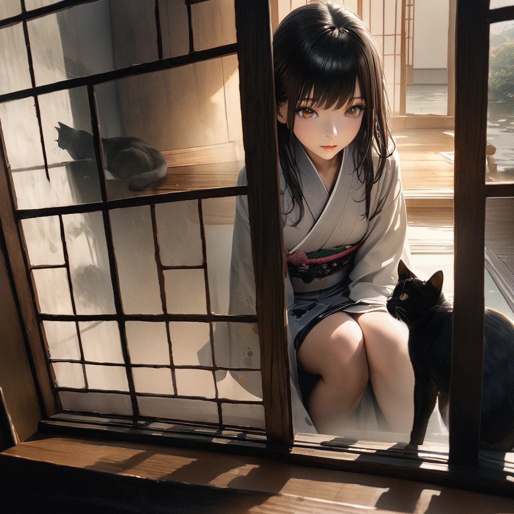 Girl with a cat, Ink Painting, In the tranquility of a traditional Japanese room, A girl wearing a kimono is sitting upright, Her eyes were fixed on the black cat that was perched on the window pane.. , Panoramic View, 8K,((masterpiece:1.4, Highest quality)), Black Hair, Brown eyes, (Depth of written boundary:1.3), Lower Body, High quality scenes, Vivid and photorealistic, Super detailed, 8K, masterpiece, elegant, Beautiful summer sky, Warm atmosphere, Clear lines, Official Art, Professional, Ultra high definition
