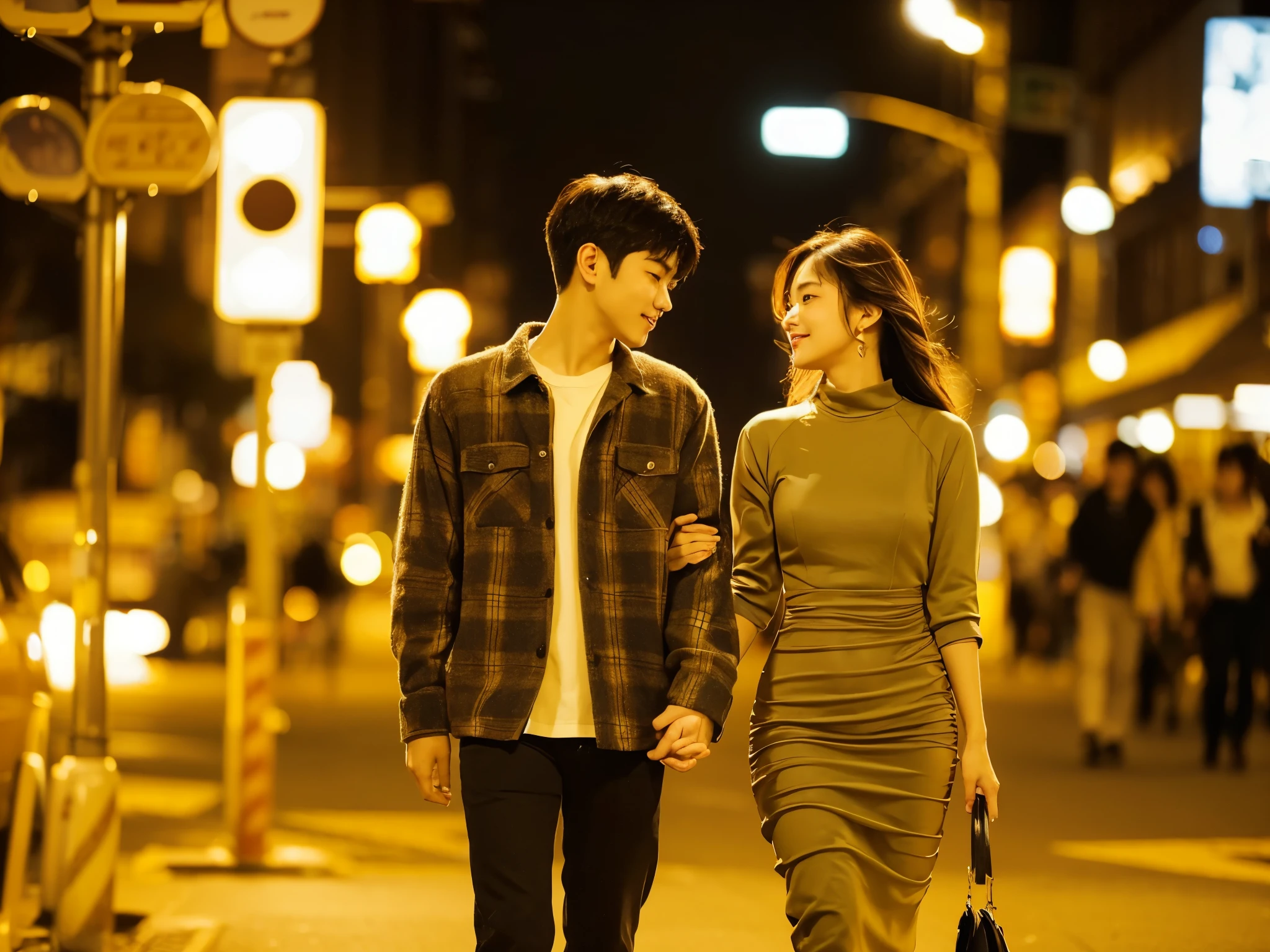 A striking, ultra-detailed image of a young Korean couple strolling hand-in-hand on a bustling night street. The man is dressed in a cozy flannel shirt,
while the woman is clad in a stylish, form-fitting dress. The city lights and traffic signals illuminate their surroundings, casting a warm, inviting glow. The couple's expressions convey a deep connection and passion, as they share a tender moment in the vibrant urban setting.