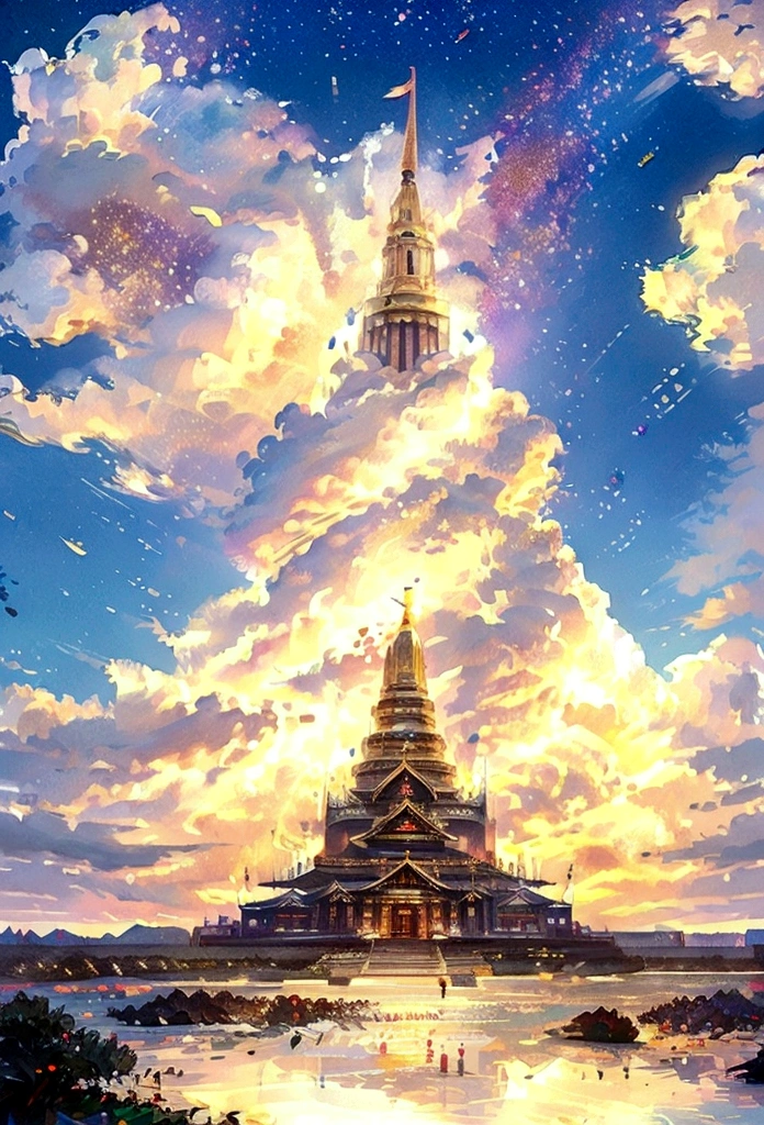 Glitter digital painting Thai pattern decorated with beautiful diamonds Colorful gold and white background, Thai temple, Thai castle, realistic, landscape, heaven, clouds, colorful