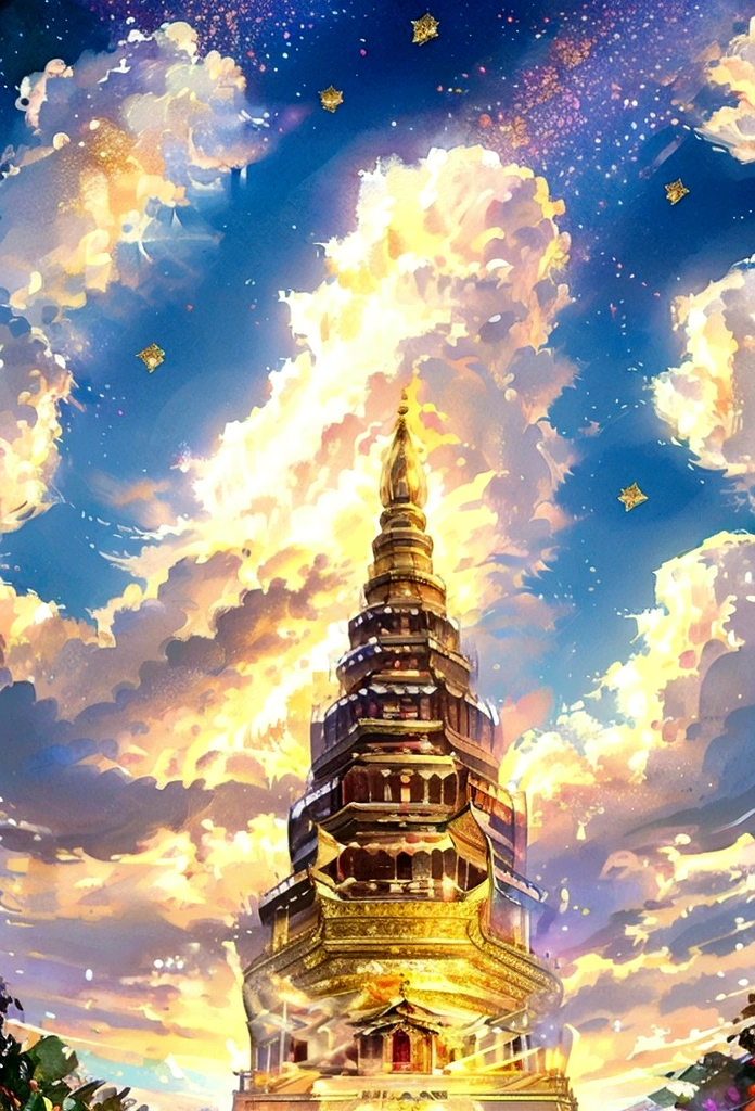 Glitter digital painting Thai pattern decorated with beautiful diamonds Colorful gold and white background, Thai temple, Thai castle, realistic, landscape, heaven, clouds, colorful